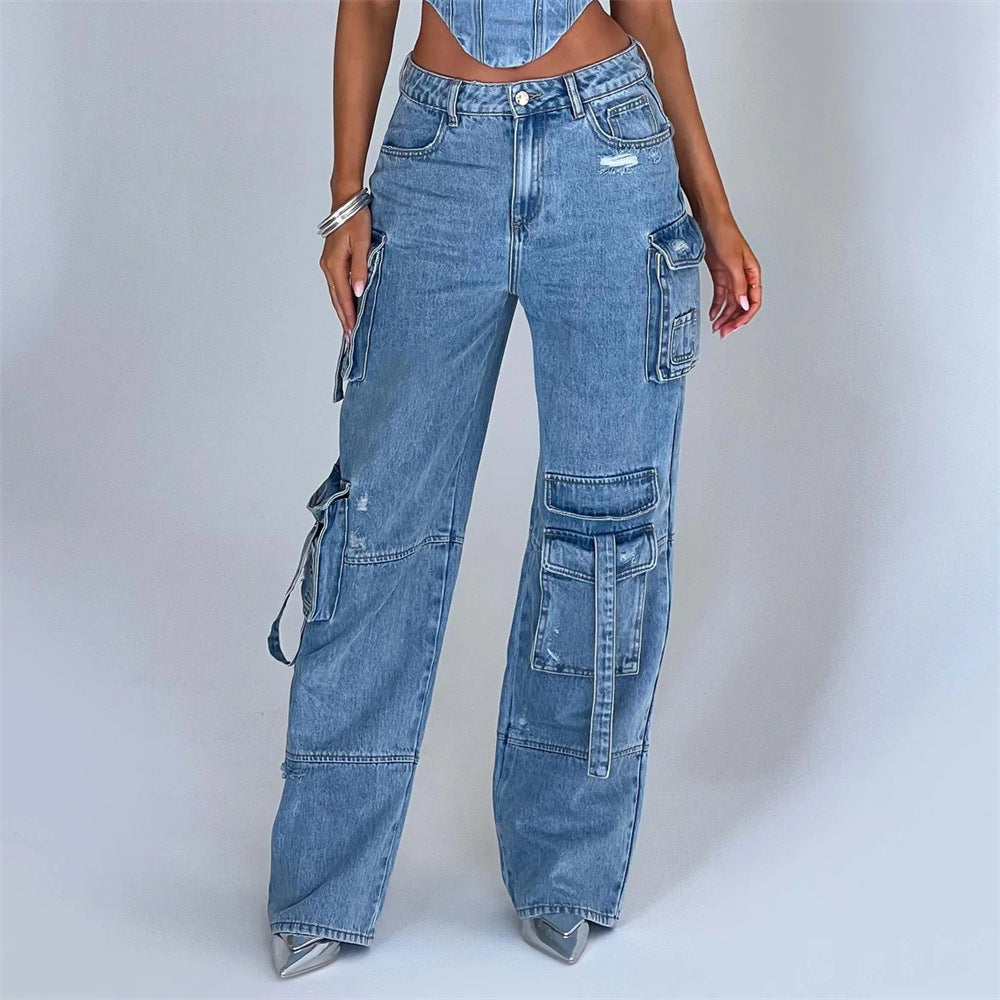 Low-Waist Cargo Jeans with Three-Dimensional Tube Top