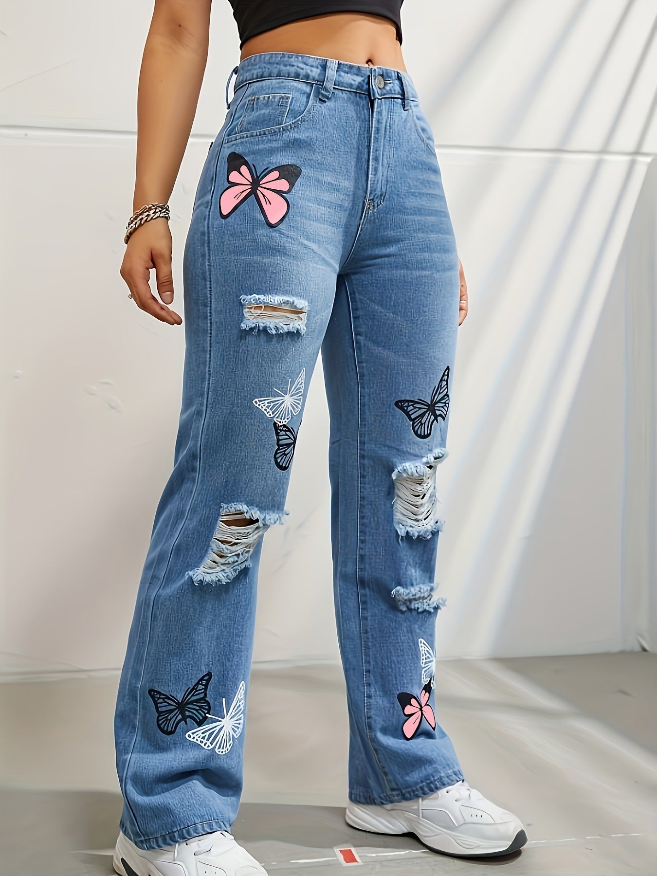 High-Waisted Straight-Leg Jeans with Butterfly Print