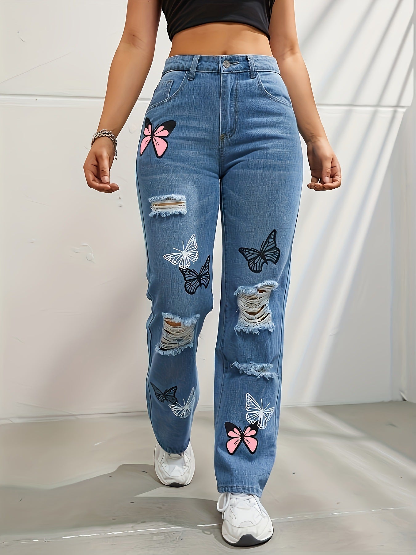 High-Waisted Straight-Leg Jeans with Butterfly Print