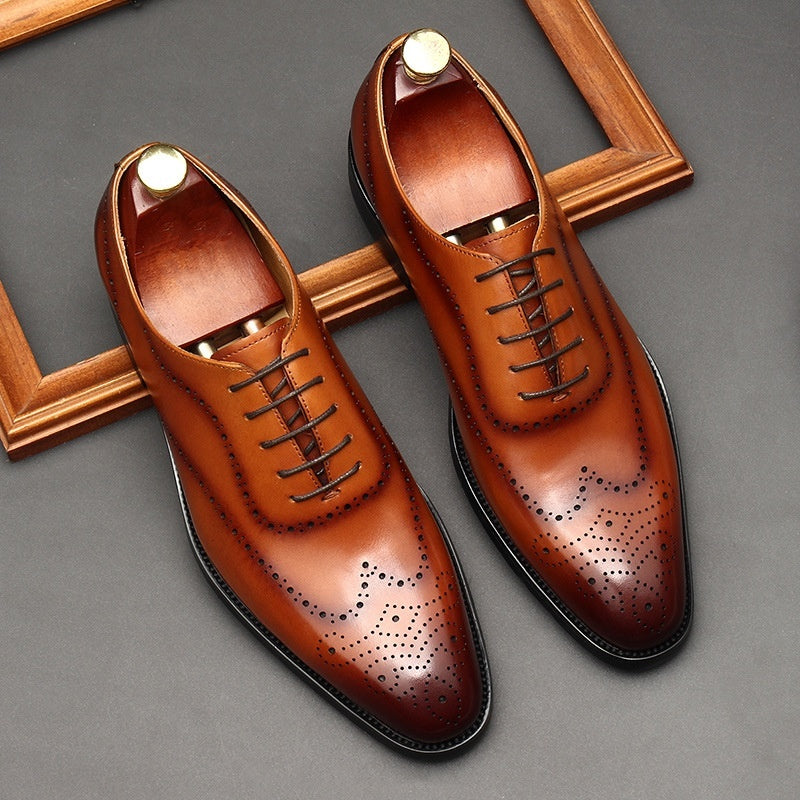 Men’s Leather Pointed Toe Business Lace-Up Shoes