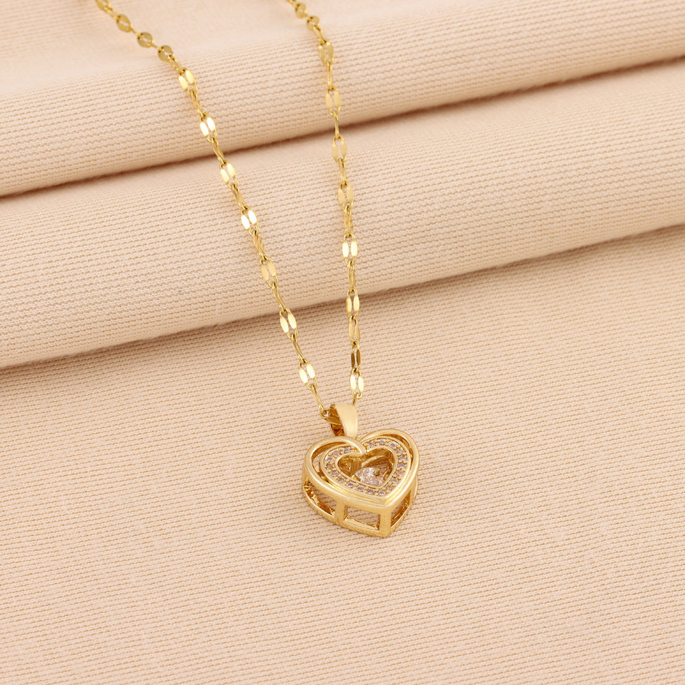 Double-layer Love Necklace with Rhinestones - Titanium Steel Pendant