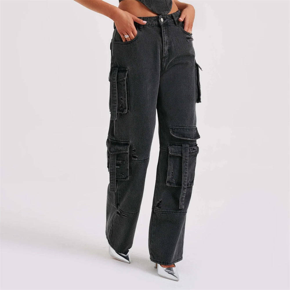 Low-Waist Cargo Jeans with Three-Dimensional Tube Top