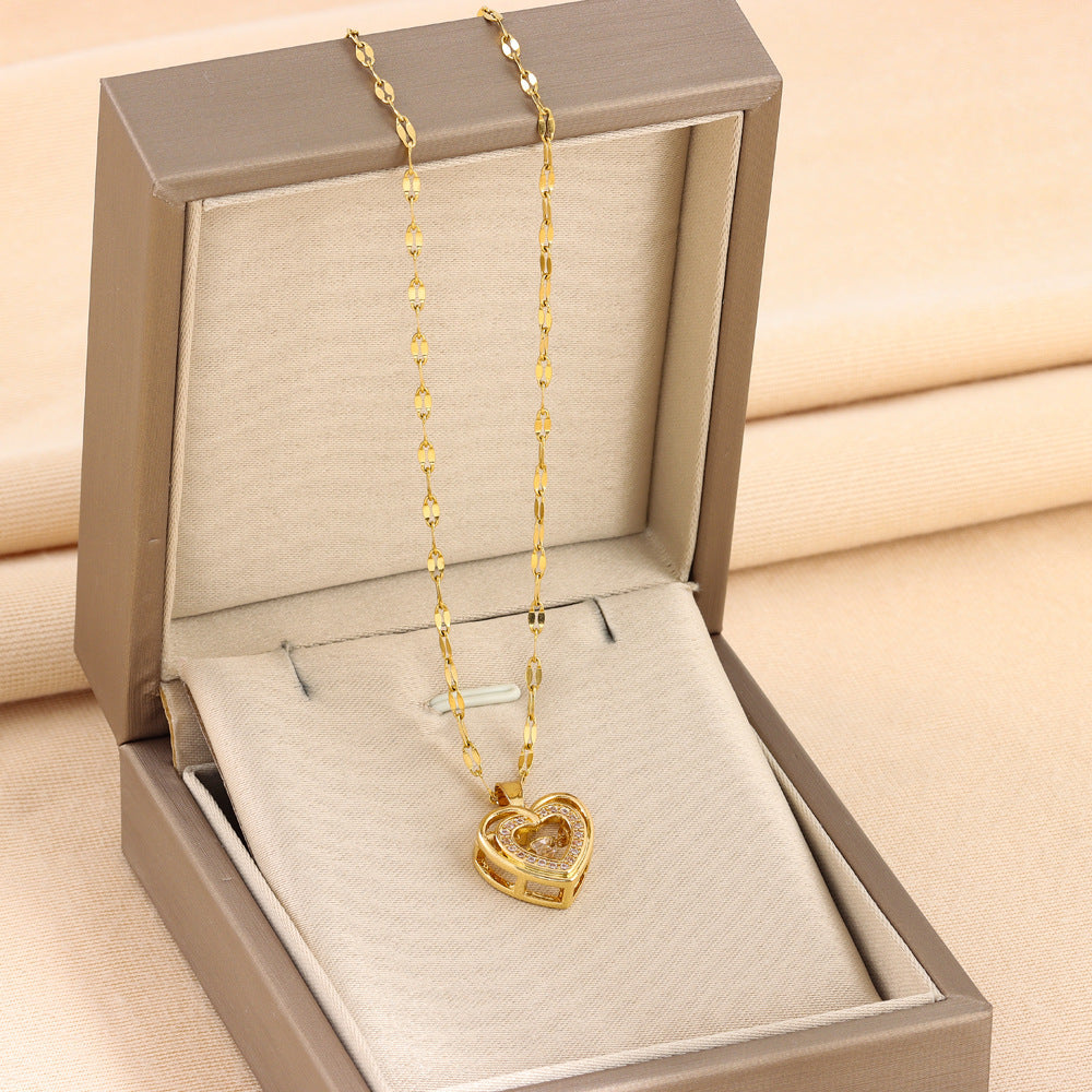 Double-layer Love Necklace with Rhinestones - Titanium Steel Pendant