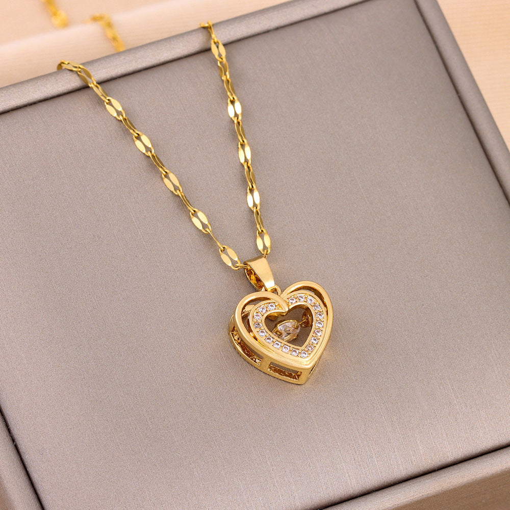 Double-layer Love Necklace with Rhinestones - Titanium Steel Pendant