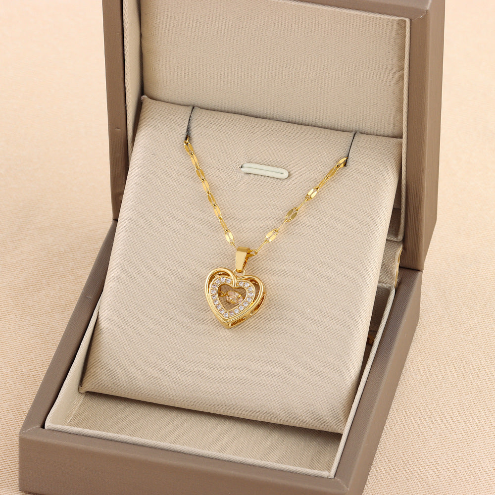 Double-layer Love Necklace with Rhinestones - Titanium Steel Pendant