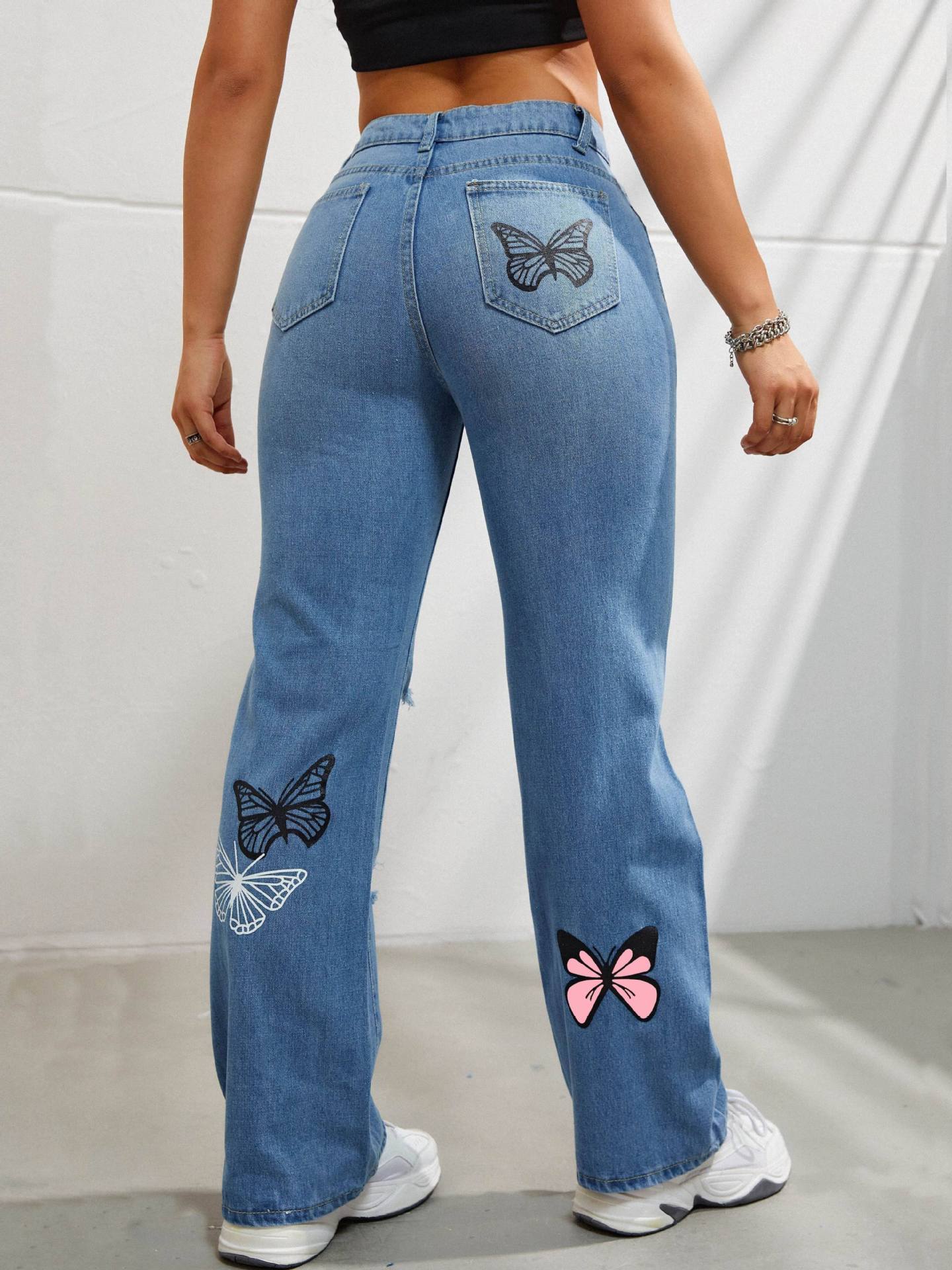 High-Waisted Straight-Leg Jeans with Butterfly Print