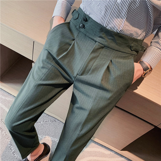 Men's High-Waisted Striped Casual Trousers