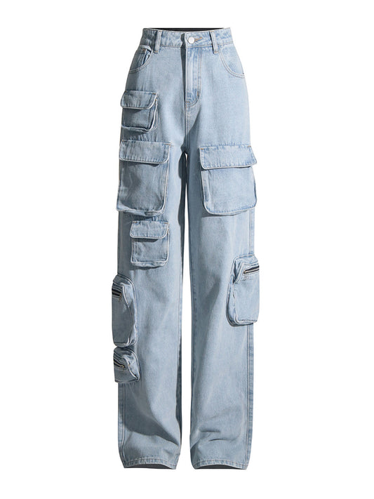 Vintage Light Blue Washed High-Waisted Cargo Jeans