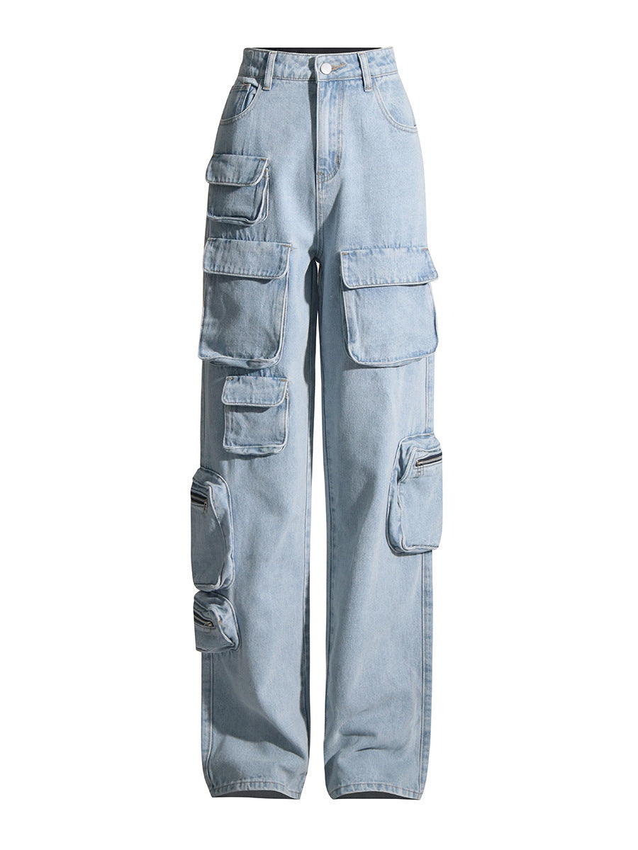 Vintage Light Blue Washed High-Waisted Cargo Jeans