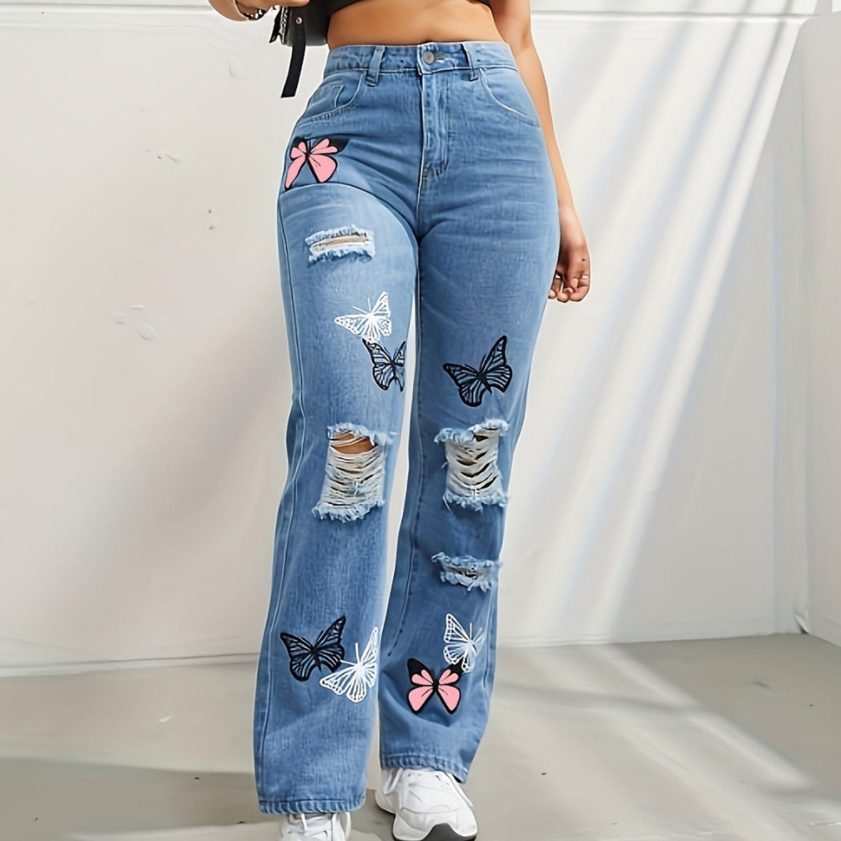 High-Waisted Straight-Leg Jeans with Butterfly Print