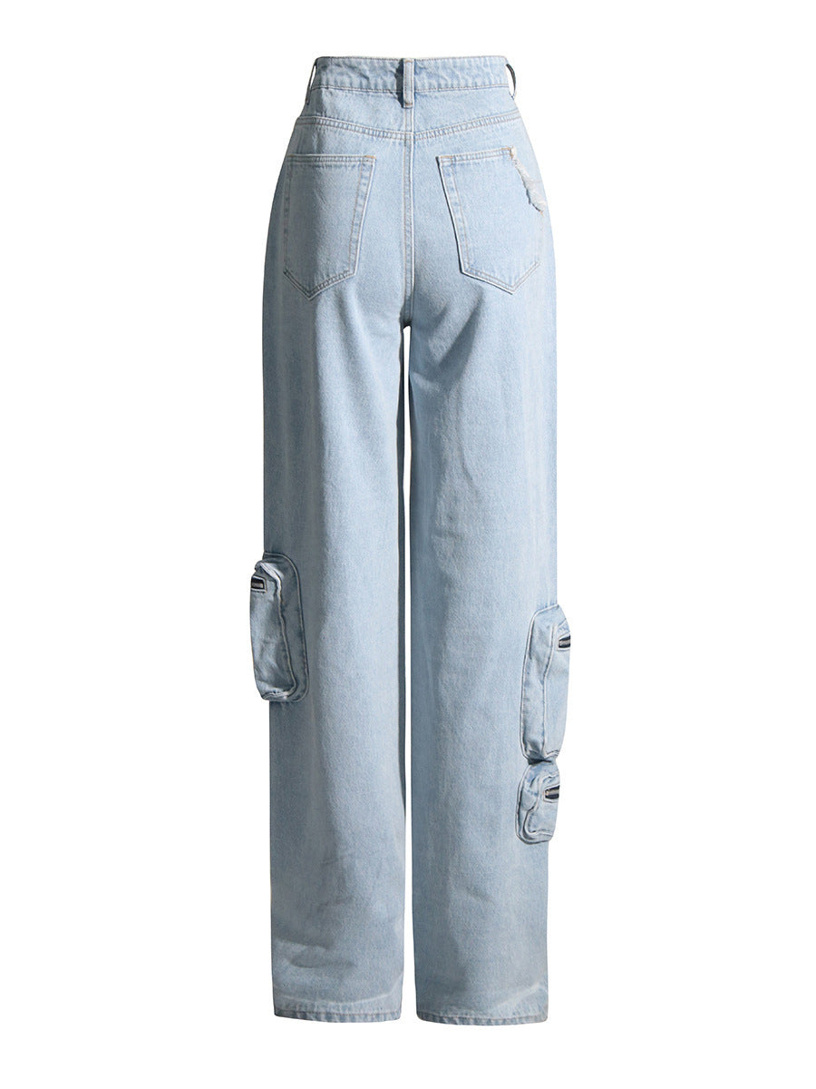 Vintage Light Blue Washed High-Waisted Cargo Jeans