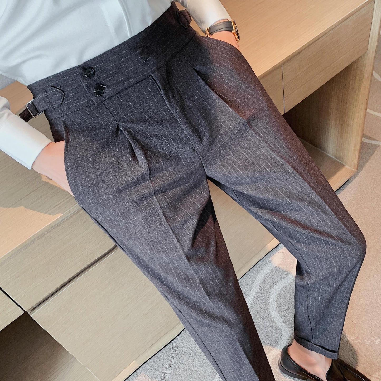 Men's High-Waisted Striped Casual Trousers