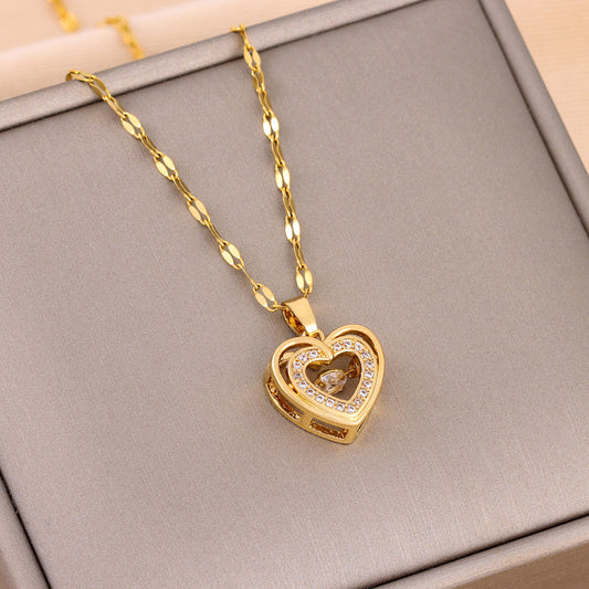 Double-layer Love Necklace with Rhinestones - Titanium Steel Pendant
