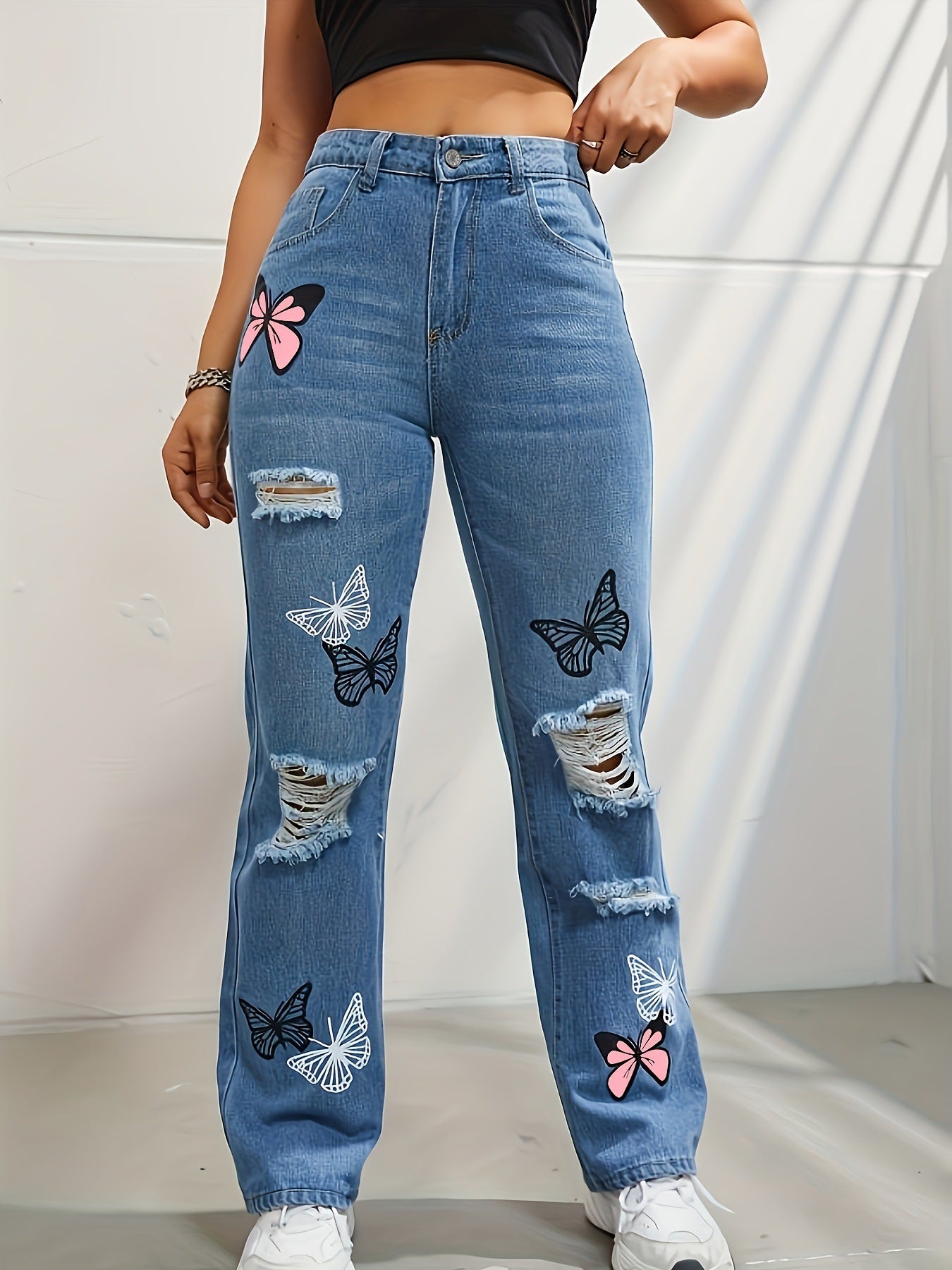 High-Waisted Straight-Leg Jeans with Butterfly Print