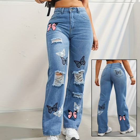 High-Waisted Straight-Leg Jeans with Butterfly Print